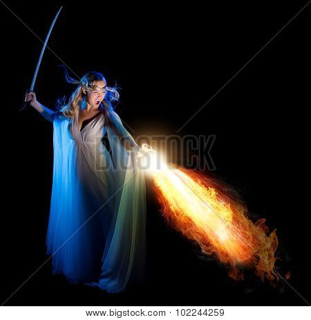 Elven girl with sword isolated