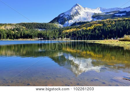 Alpine Scenery Of Yellow And Green Aspen, Snow Covered Mountains And Reflection In The Lake During F