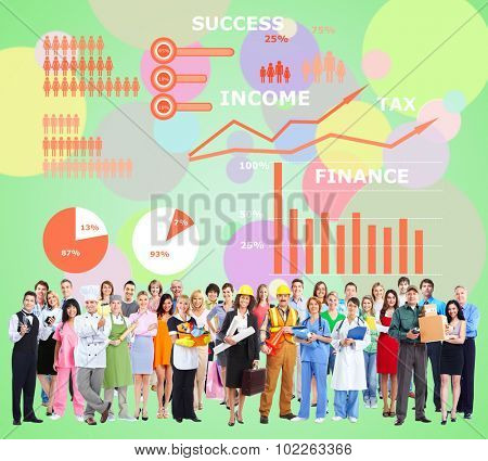 Workers People group near colorful infographic background.