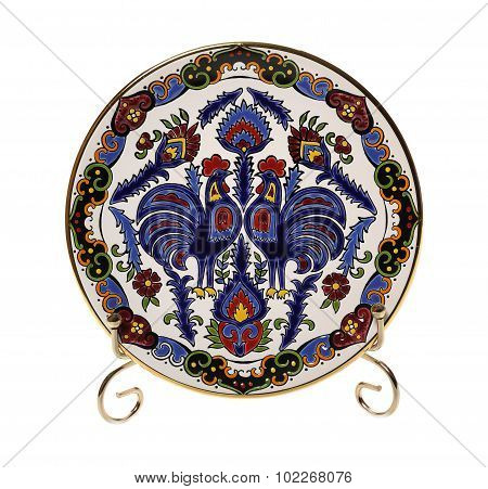 Ceramic plate with roosters and ornament