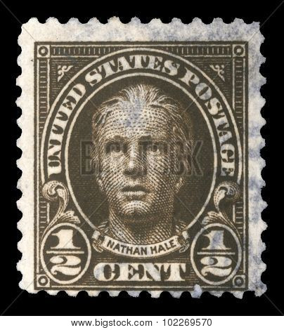 UNITED STATES - CIRCA 1925: A stamp printed in the United States, shows the portrait of the Nathan Hale (1755-1776) was a soldier for the Continental Army and postmark Youngstown Ohio, circa 1925