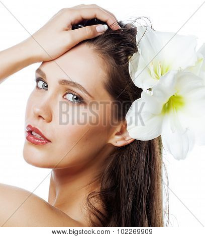 young pretty woman with  Amarilis flower close up isolated on white