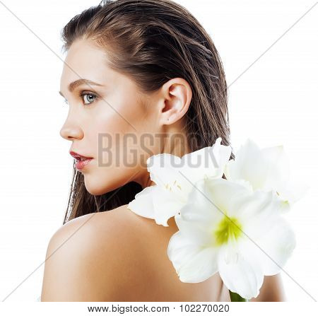 young pretty woman with  Amarilis flower close up isolated on white