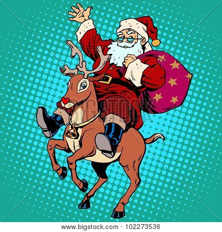 Santa Claus with gifts Christmas reindeer Rudolf