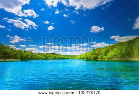 Beautiful river landscape. Dniester river in Bakota Ukraine in nice day