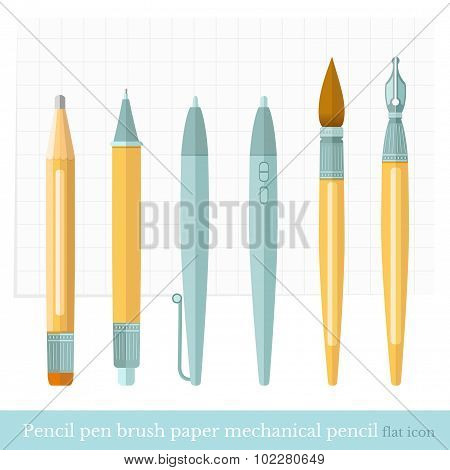 flat designer set pen, brush, pencil, mechanical pencil, ink pen, paper, sheet in a cage
