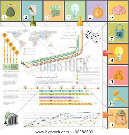 flat business infographic background top view with finanial board game game cells dice game pieces money