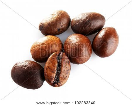 Brown coffee beans isolated on white