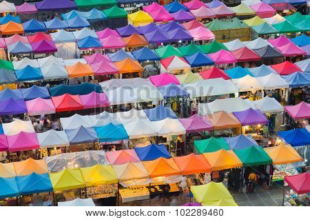 Bird eye view of multiple colors roof top weekend market, Bangkok Thailand
