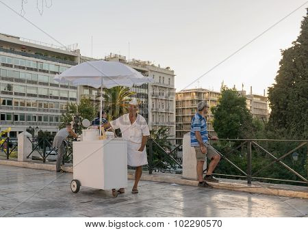 Portrait of an old ice cream salesman at Sintagma square in Athens