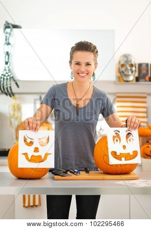 Woman With Halloween Carving Patterns Preparing For Party