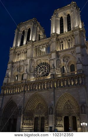 The Cathedral Notre Dame At Night, Paris, France