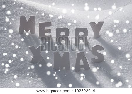 White Christmas Word Merry Xmas On Snow, Snowflakes