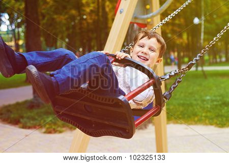 smiley little boy riding on swing in park and looking at camera