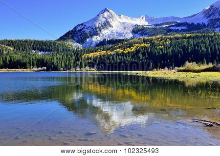 Alpine Scenery Of Yellow And Green Aspen, Snow Covered Mountains And Reflection In The Lake During F