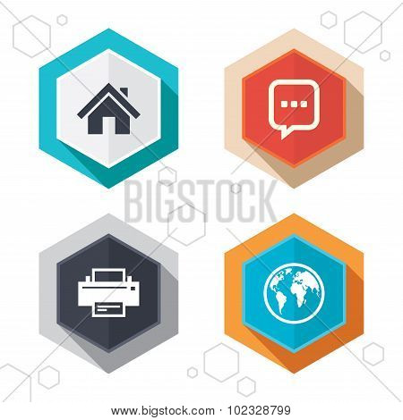 Home main page and globe signs. Printer, chat