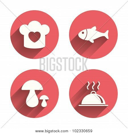 Chief hat, cooking pan icons. Fish and mushrooms
