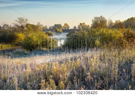 The first frost. Siberian river in autumn attire. Russia,Siberia,Novosibirsk region,Kolyvan district