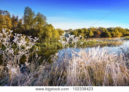 The first frost. Siberian river in autumn attire. Russia,Siberia,Novosibirsk region,Kolyvan district