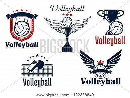 Volleyball game emblems with sport items