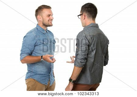 Two Young Man Chatting, Smiling