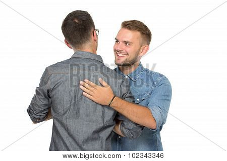 Two Young Man Greeting Each Other, Smiling