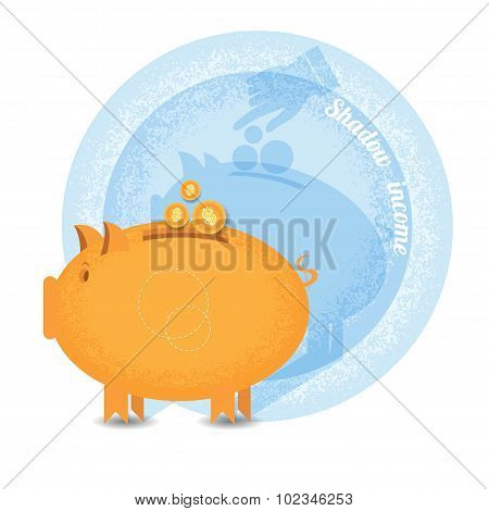 shady business piggy bank with coin but shadow hand pointer put in coin on wall.Vintage retro style shadow income icon on blue circle background