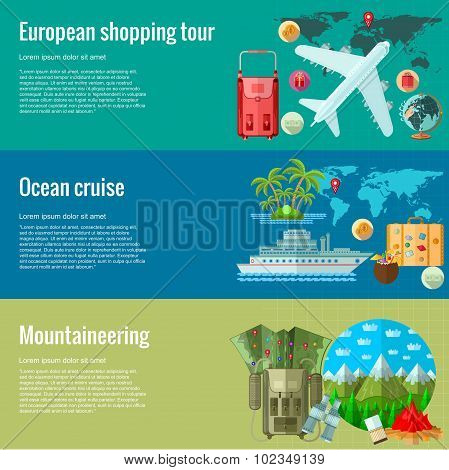 Flat design concepts for juorney and traveling.european shopping tourl, ocean cruise, mountaineering.Concepts for web banners and promotional materials