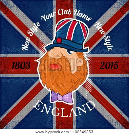 beard head of englishman in hat on british flag grunge background.print street style