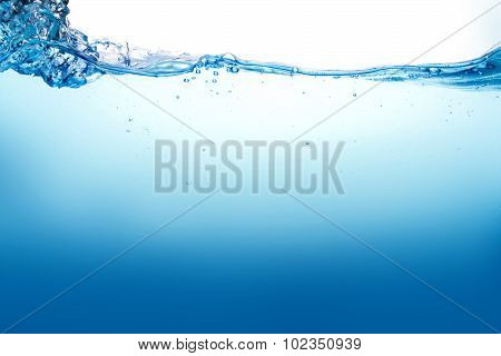 Close Up Blue Water Splash With Bubbles On White Background