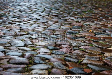 Wet Cobblestones In A Medieval Street, Background Texture