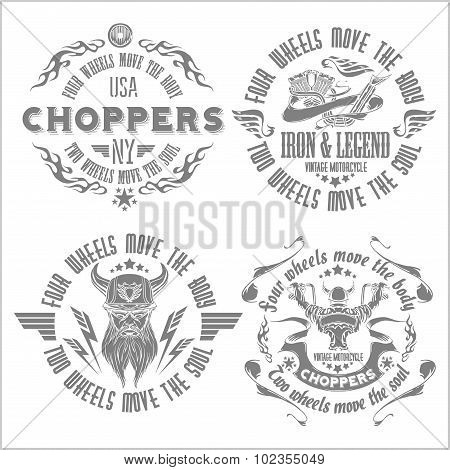 Vintage motorcycle labels, badges and design elements on light background