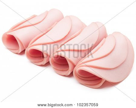 cooked boiled ham sausage or rolled bologna slices isolated on white background cutout
