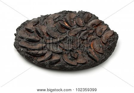 Burnt apple cake isolated on white