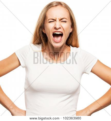 Screaming woman isolated on white bacjground. Emotional stress, problems, frustration, hysterical, desperation