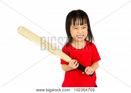 Chinese Little Girl Holding Baseball Bat With Angry Expression