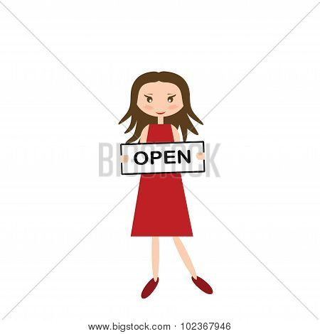 girl in a red dress holding a sign that says 