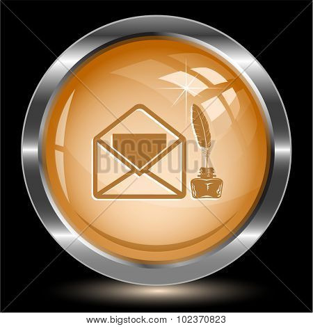 mail with feather and inkstandn . Internet button. Vector illustration.
