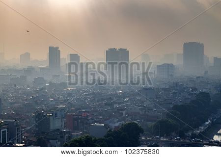 Aerial view of Hanoi skyline cityscape in fog