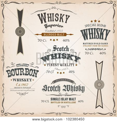 Whisky Labels And Seals On Vintage Background