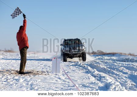 Khabarovsk, Russia - January 31, 2015: Nissan Patrol Finishing At Off Road Winter Sprint Race