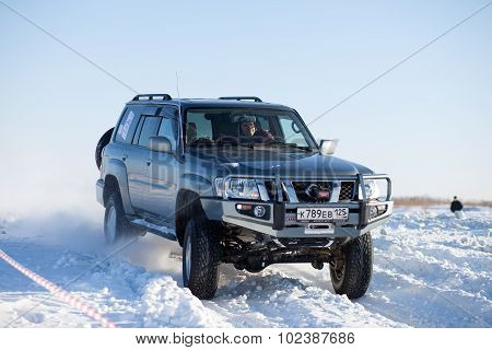 Khabarovsk, Russia - January 31, 2015: Nissan Patrol During Off Road Winter Sprint Race