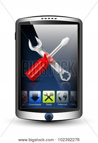Smartphone With Menu And Tools Icon On The Big Touch Screen. Vector Illustration