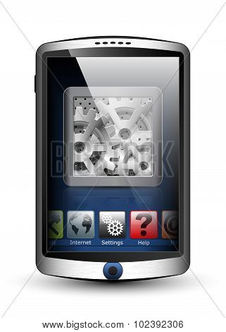 Smartphone With Menu And Settings Icon On The Big Touch Screen. Vector Illustration