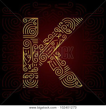 Vector Gold Mono Line style Geometric Font for Design Text, Slogan, Template or Advertising. Golden Monogram Design elements for Invitation, Postcard, Badges or Advertising. Letter K