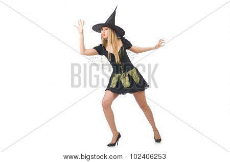 Beautiful witch in black dress isolated on white
