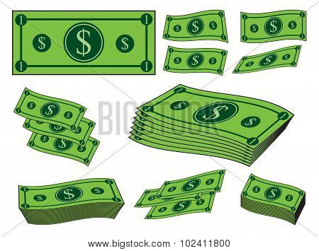 Cartoon Money, Dollar Banknote, Paper Bill. Vector Illustration Isolated On White Background