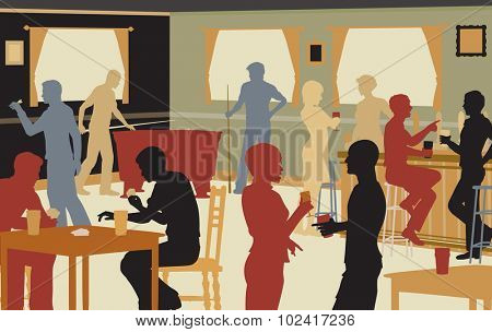 EPS8 editable vector cutout illustration of people drinking in a busy bar and enjoying typical pub games