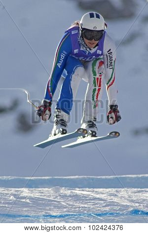 ZAUCHENSEE AUSTRIA. 07 JANUARY 2011.  Enrica Cipriani (ITA) takes to the air during the second official training run for the downhill race part of FIS Alpine World Cup, in Zauchensee Austria.