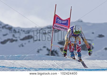 ZAUCHENSEE AUSTRIA. 07 JANUARY 2011.  Britt Janyk (CAN) takes to the air during the second official training run for the downhill race part of FIS Alpine World Cup, in Zauchensee Austria.